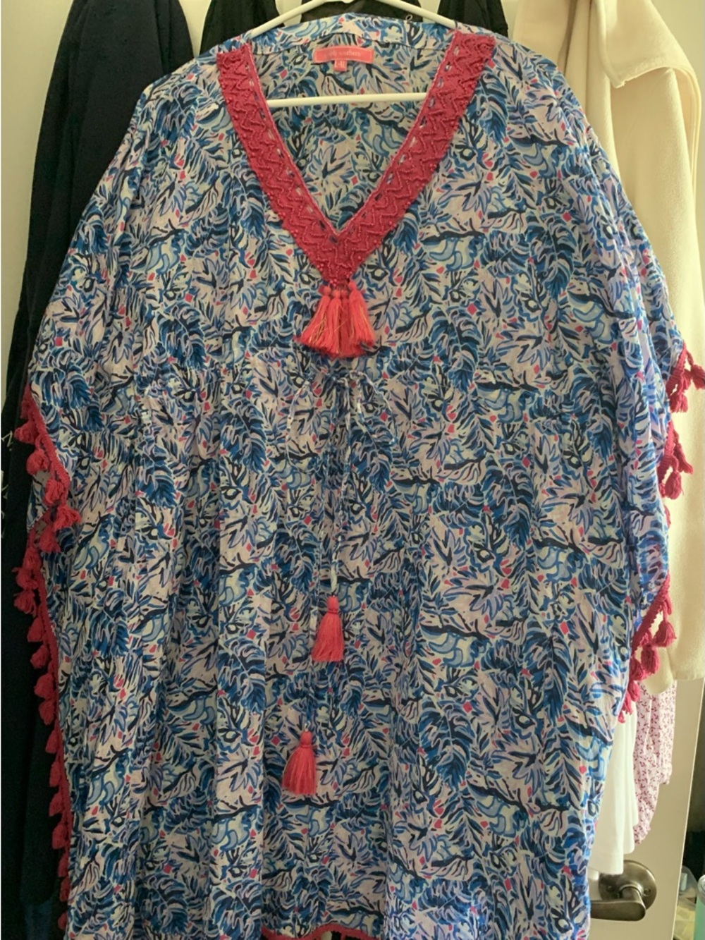 Simply Southern Boho V-Neck Tassel Kaftan Top - Blue with Pink Trim
